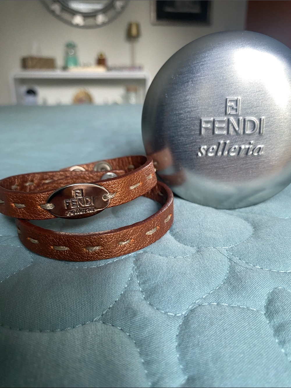 Fendi Selleria Brown Leather Double Wrap Bracelet with Logo Plaque